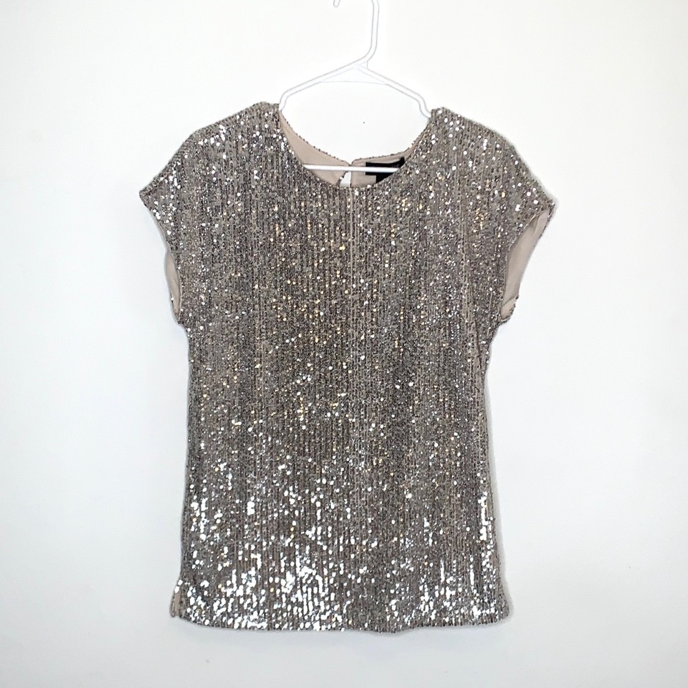 NWT Rachel Zoe Silver Sequin Embellished Short Sleeve Blouse Party Holiday Event
